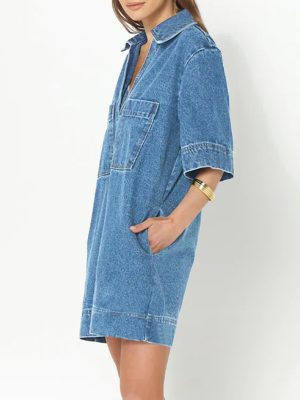 Womens Denim Shirt Dress Summer Collared V Neck Mini Casual Jean Dresses with Pockets