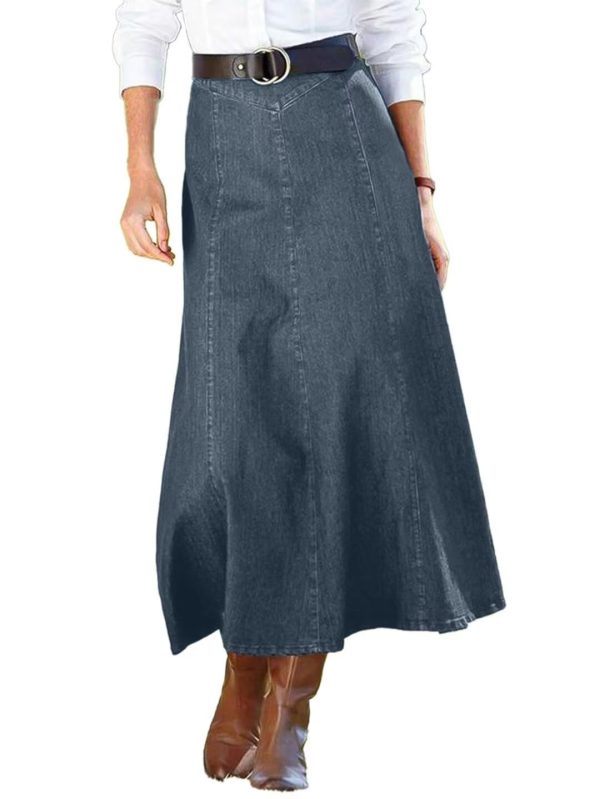 61bm4IQIeWL.jpg A-Line High Rise Vintage Wash Stitch Detail Long Denim Skirt Without Belt