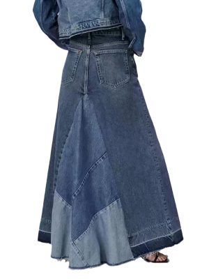 Women's Distressed Patchwork Long Denim Skirt High Waist Frayed Raw Hem A-Line Maxi Jean Skirts