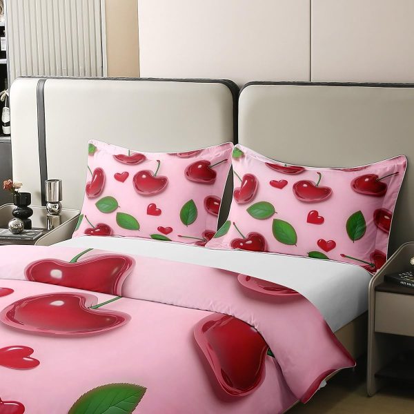 61gNdTKI9TL.jpg 3D Cartoon Cherry Kids Duvet Cover 100% Cotton Queen Size,Botanical Leaves Love Heart Bedding Set for Girls Women,Tropical Fruit