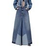 Women's Distressed Patchwork Long Denim Skirt High Waist Frayed Raw Hem A-Line Maxi Jean Skirts