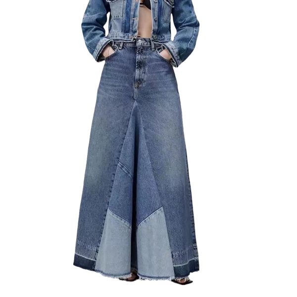 Women's Distressed Patchwork Long Denim Skirt High Waist Frayed Raw Hem A-Line Maxi Jean Skirts