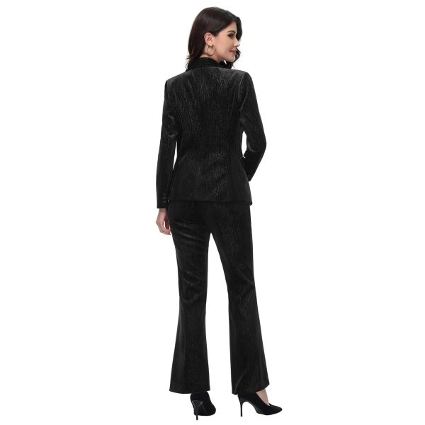 61ipcGPTyNL.jpg Women Pantsuit Dressy Silver Thread Velvet 2 Piece Suit Set Blazer and Flared Pants