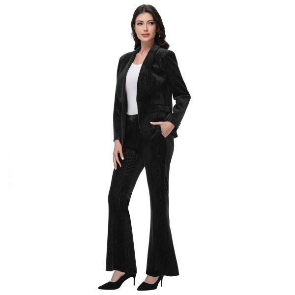 61jE9FBcEaL.jpg Women Pantsuit Dressy Silver Thread Velvet 2 Piece Suit Set Blazer and Flared Pants