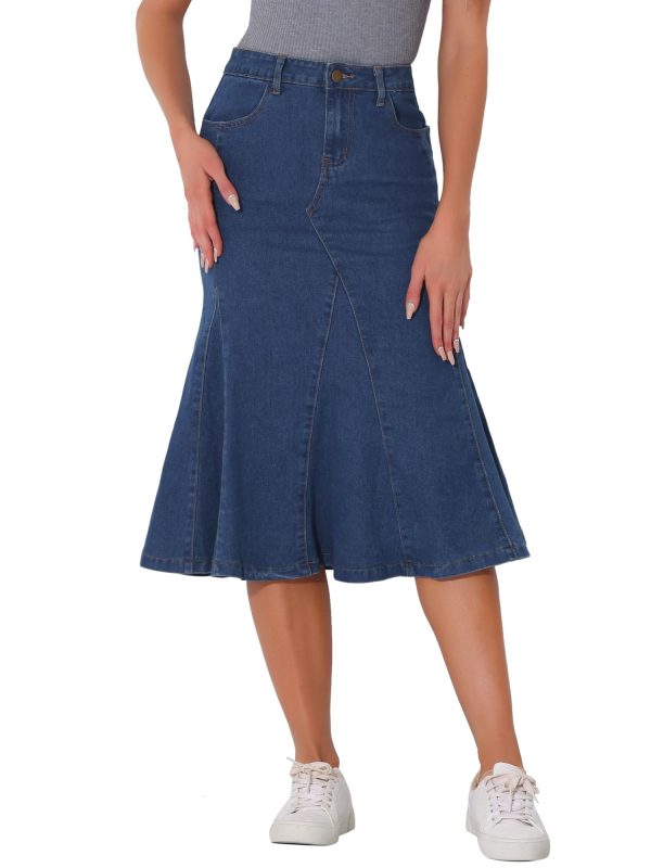 Casual Denim Skirt for Women's High Waisted A-Line Flared Midi Skirts