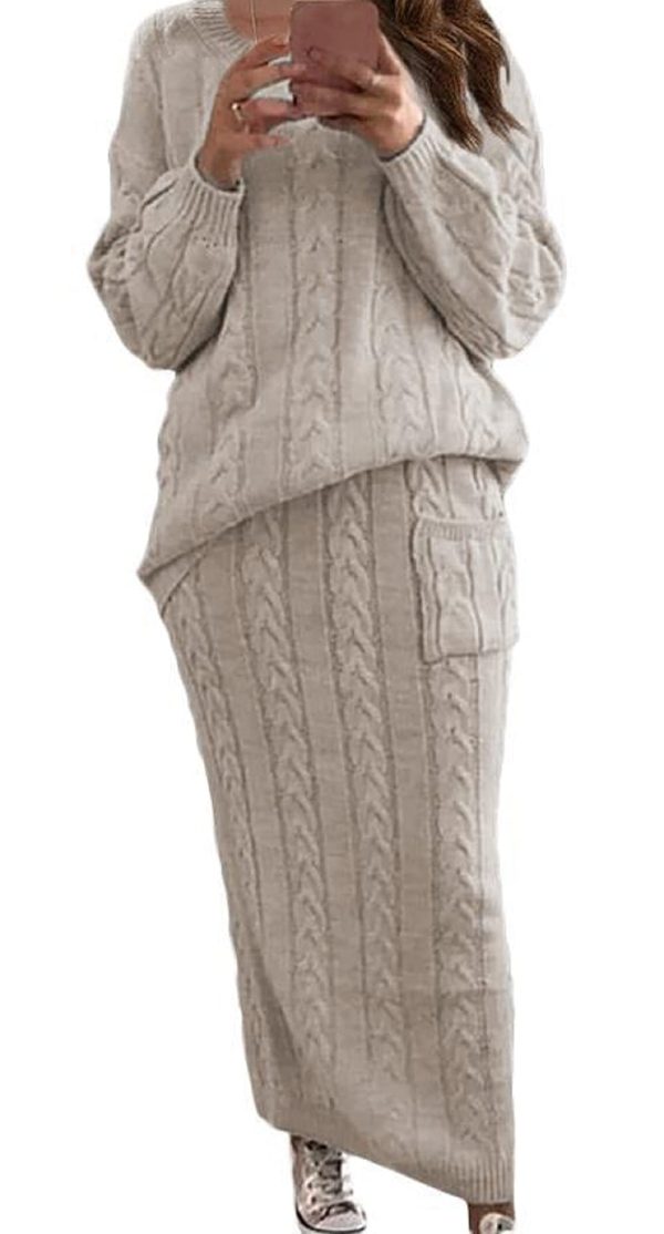 61loQ9CTyL.jpg Women's Winter Chunky Cable Knit Long Skirt 2 Piece Outfit Sweater Sets