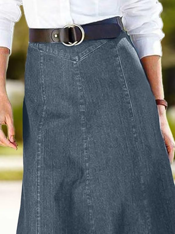 61nF7eu191L.jpg A-Line High Rise Vintage Wash Stitch Detail Long Denim Skirt Without Belt