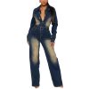 Long Sleeve Denim Jumpsuit for Women Straight Leg Washed Stretch Jean Jumpsuit with Belt Loose Fit Rompers Casual