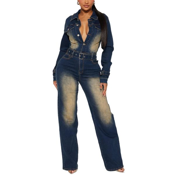 61nOlsuynfL.jpg Long Sleeve Denim Jumpsuit for Women Straight Leg Washed Stretch Jean Jumpsuit with Belt Loose Fit Rompers Casual