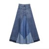 Women's Distressed Patchwork Long Denim Skirt High Waist Frayed Raw Hem A-Line Maxi Jean Skirts