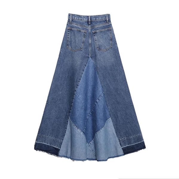 Women's Distressed Patchwork Long Denim Skirt High Waist Frayed Raw Hem A-Line Maxi Jean Skirts