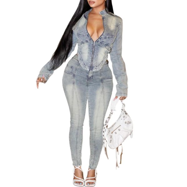 61oxwK70DIL.jpg Women's Two Piece Set Denim Outfits Long Sleeve Zip Up Cropped Jean Jacket Bodycon Pants Fall Y2K Outfits Tracksuit