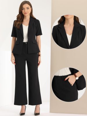 Short Sleeve Blazer Pant Suits Set for Women Business Casual 2 Piece Work Outfits