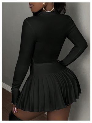 Women's Skirt Sets 2 Piece Outfits Long Sleeve Crop Top with Pleated Mini Skirt Set Party Outfits for Women