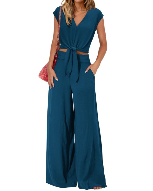 61ugtEhQ09L.jpg Women's Summer 2 Piece Outfits 2025 Cap Sleeve V Neck Belted Crop Tops Wide Leg Pant Sets Casual Tracksuit