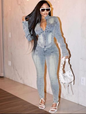 Women's Two Piece Set Denim Outfits Long Sleeve Zip Up Cropped Jean Jacket Bodycon Pants Fall Y2K Outfits Tracksuit
