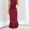 Womens 2025 Summer Satin Mock Neck Wedding Guest Party Cocktail Midi Dress Sleeveless Wrap Ruffle Formal Dresses