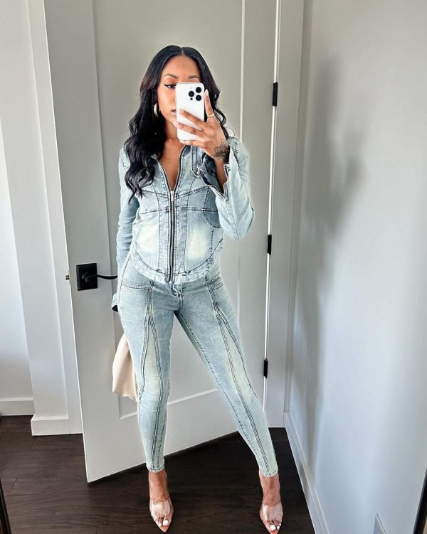 61zZ8dR7bLL.jpg Women's Two Piece Set Denim Outfits Long Sleeve Zip Up Cropped Jean Jacket Bodycon Pants Fall Y2K Outfits Tracksuit