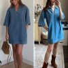 Womens Denim Shirt Dress Summer Collared V Neck Mini Casual Jean Dresses with Pockets