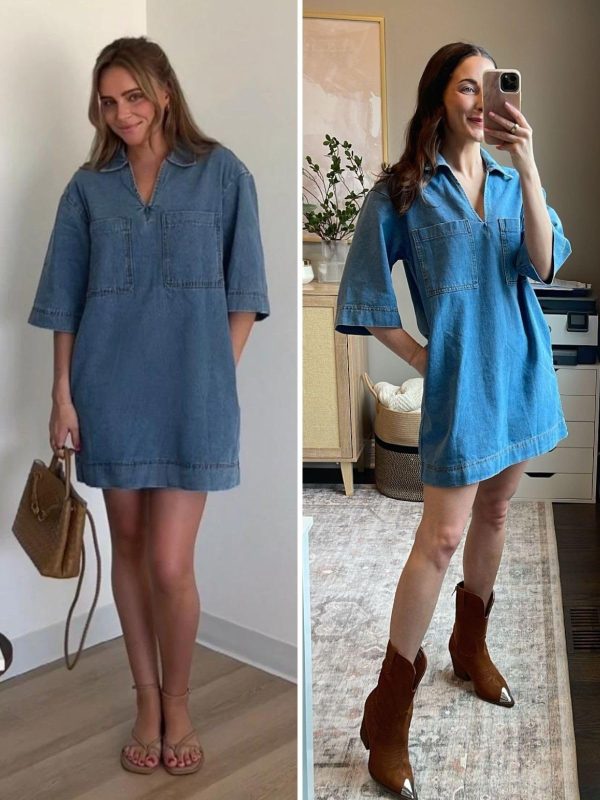 71-gEplKoRL.jpg Womens Denim Shirt Dress Summer Collared V Neck Mini Casual Jean Dresses with Pockets