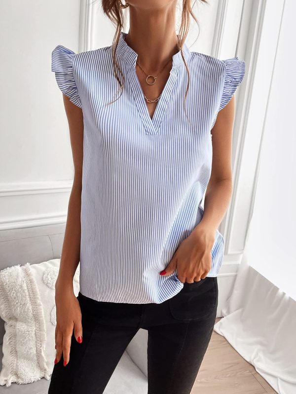 71-jKHnRtdL.jpg Women's Striped Notched V Neck Ruffle Cap Sleeve Blouse Tops