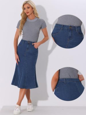 Casual Denim Skirt for Women's High Waisted A-Line Flared Midi Skirts