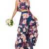 Women's Summer 2 Piece Outfits Floral Print Strap Crop Tops Tiered Ruffle Skirt Sets Maxi Long Dress