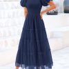 Women's Smocked Midi Tulle Dress 2025 Summer Puffy Short Sleeve Square Neck Ruffle Wedding Guest Party Dresses