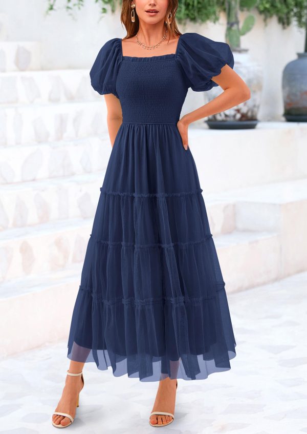 710zA5BYTHL.jpg Women's Smocked Midi Tulle Dress 2025 Summer Puffy Short Sleeve Square Neck Ruffle Wedding Guest Party Dresses
