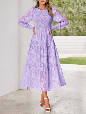 Casual Women's 2025 Spring Dresses Elegant Wedding Guest Dress Long Sleeve Floral Midi Dress Flowy Bohemian Long Dress