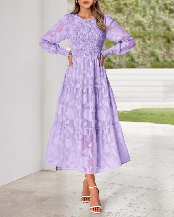 Casual Women's 2025 Spring Dresses Elegant Wedding Guest Dress Long Sleeve Floral Midi Dress Flowy Bohemian Long Dress