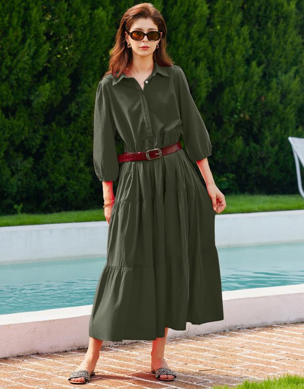 711JmjHOK7L.jpg Women Flowy Maxi Dresses Casual V Neck Smocked Tiered Babydoll Sundress Beach Long Skirt with Pockets