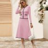 Women's Two Piece Skirt Sets Dressy Casual Knit Long Sleeve Button Crewneck Tops and Midi Dresses Matching Set Fall Outfits