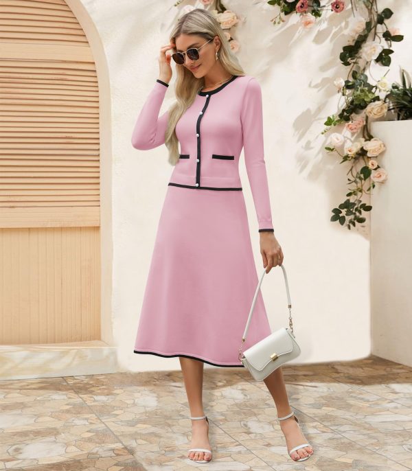 Women's Two Piece Skirt Sets Dressy Casual Knit Long Sleeve Button Crewneck Tops and Midi Dresses Matching Set Fall Outfits
