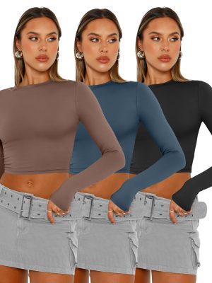 3 Pack Womens Long Sleeve Shirts Y2K Going Out Crop Tops Cute Basic Slim Fitted Fall Fashion Outfits 2025 Clothes