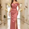 Women's Sexy Off Shoulder Satin High Split Ruched Style Evening Party Maxi Dress