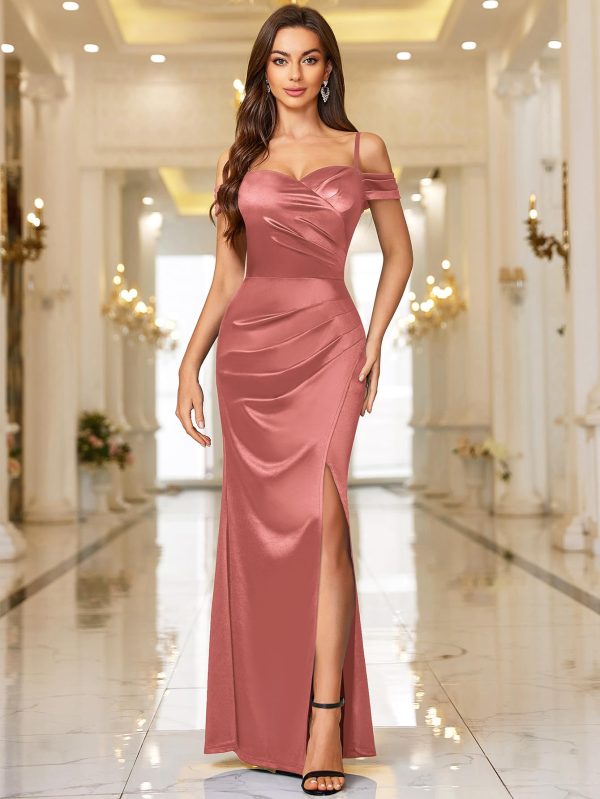 Women's Sexy Off Shoulder Satin High Split Ruched Style Evening Party Maxi Dress