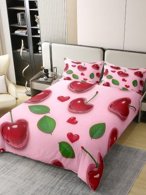 3D Cartoon Cherry Kids Duvet Cover 100% Cotton Queen Size,Botanical Leaves Love Heart Bedding Set for Girls Women,Tropical Fruit