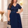 Women's Plus Size Sequins Lace Contrast Chiffon V Neck Flowy Cocktail Party Prom Midi Dress