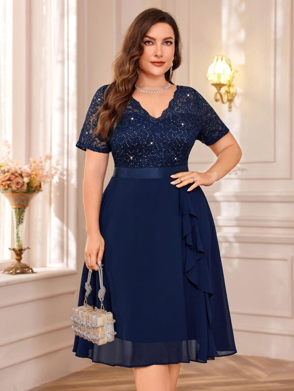 Women's Plus Size Sequins Lace Contrast Chiffon V Neck Flowy Cocktail Party Prom Midi Dress