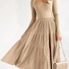 Womens Long Sleeve Midi Sweater Dress Wrap V Neck Pleated A Line Fit Flare Elegant Knit Maxi Dress