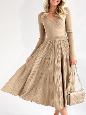 Womens Long Sleeve Midi Sweater Dress Wrap V Neck Pleated A Line Fit Flare Elegant Knit Maxi Dress