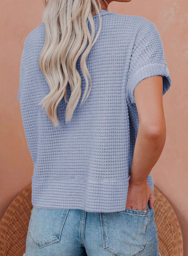 713g2BfAYSL.jpg Womens Summer Tops 2025 Waffle Knit Button Down Shirts Casual V Neck Short Sleeve Shacket Jacket Dressy Blouses