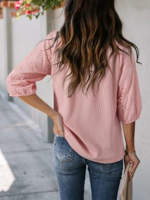 Spring Summer Tops for Women 2025 Dressy Casual V Neck Blouses Cute 3/4 Sleeve Length Babydoll Tops