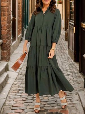 Women Flowy Maxi Dresses Casual V Neck Smocked Tiered Babydoll Sundress Beach Long Skirt with Pockets