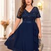 Women's Plus Size Sequins Lace Contrast Chiffon V Neck Flowy Cocktail Party Prom Midi Dress