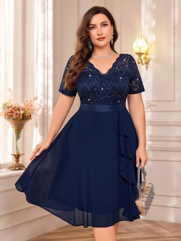 Women's Plus Size Sequins Lace Contrast Chiffon V Neck Flowy Cocktail Party Prom Midi Dress