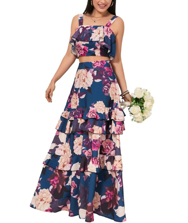 Women's Summer 2 Piece Outfits Floral Print Strap Crop Tops Tiered Ruffle Skirt Sets Maxi Long Dress