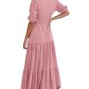 Women Summer Dresses Short Sleeves V Neck Button Drawstring Maxi Dresses Solid Color Boho Long Dresses