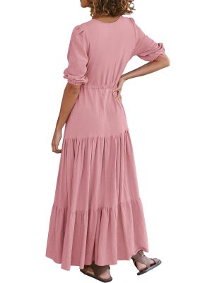 Women Summer Dresses Short Sleeves V Neck Button Drawstring Maxi Dresses Solid Color Boho Long Dresses
